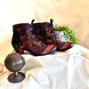 Rieker Purple and Red Heeled Boots with Lace-Up Design